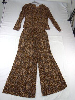 JUST Womens Leopard Print 2 Piece Set Long Sleeve Top Wide Leg Pants Brown 8610